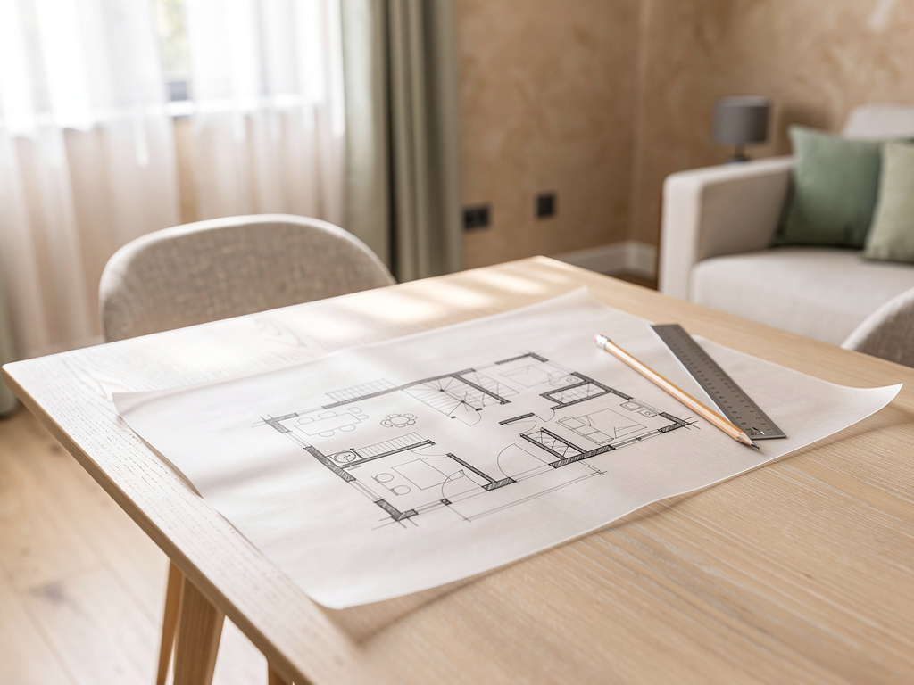 A floor plan sketch on tracing paper with a pencil and ruler resting on an oak table.