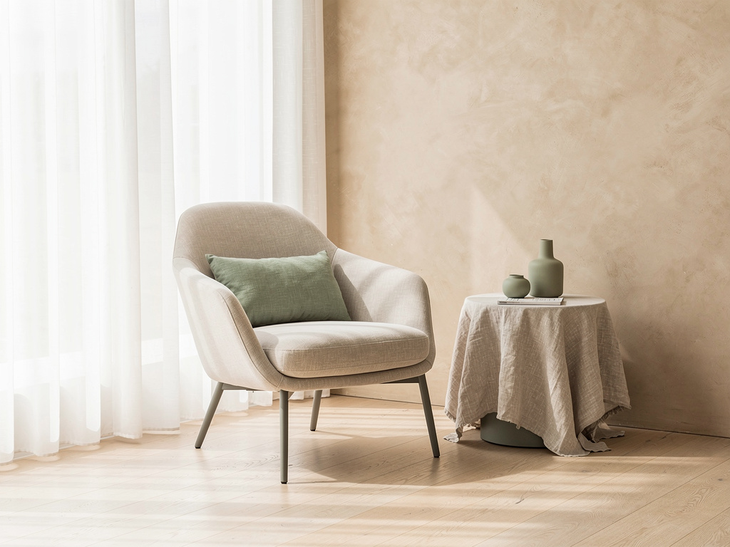 A single sculptural lounge chair beside a linen-covered side table in a quiet corner.