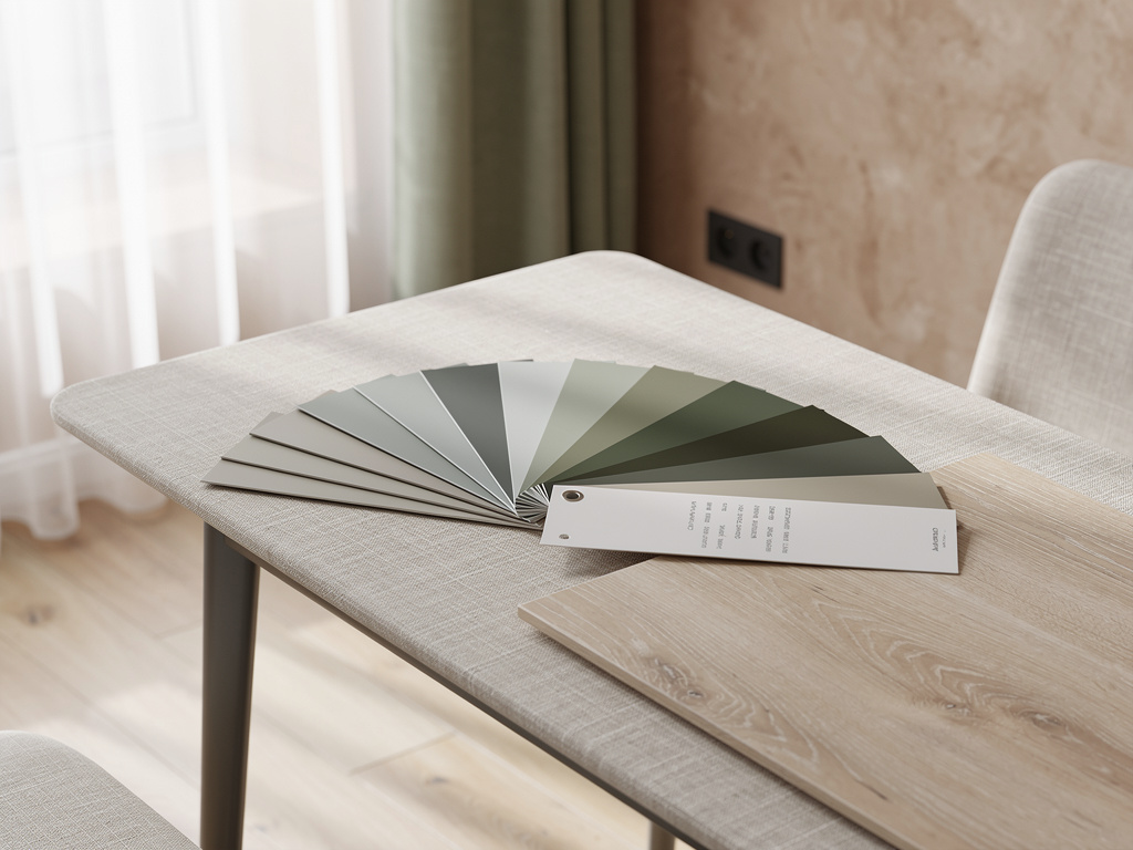 A fan of sand, sage and graphite paint chips laid over linen and oak samples.