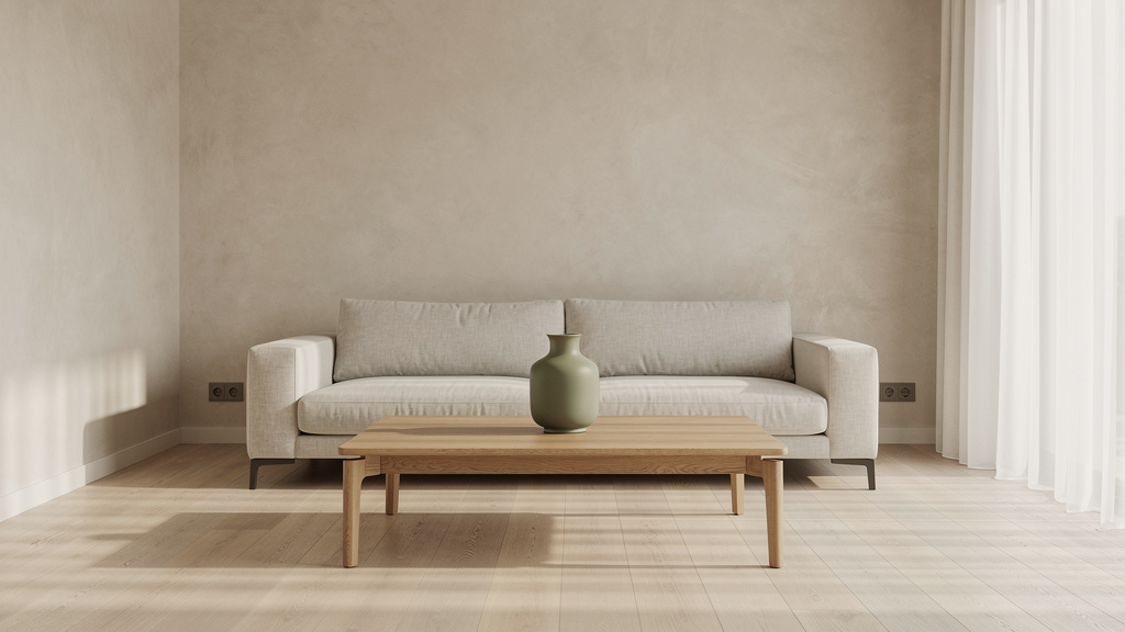 A wide, sunlit living room with a low linen sofa, an oak coffee table, a sage ceramic vase and generous empty wall space