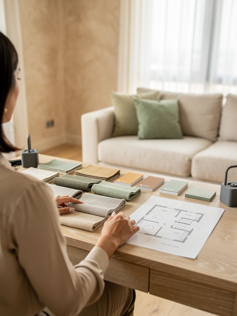 A designer seen from behind at an oak desk, sorting fabric swatches and paint chips beside a sketched floor plan, face o